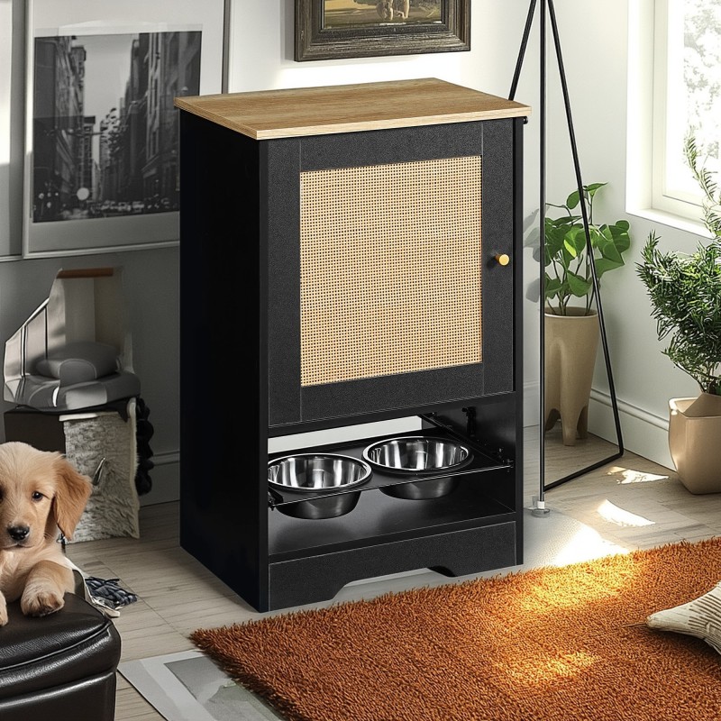 Pefilos 32" Dog Food Storage Cabinet, Pet Feeding Station Furniture with 2 Bowls, Pet Dog and Cat Toy Storage Containers Organizer, Pet Food Cabinet, Black